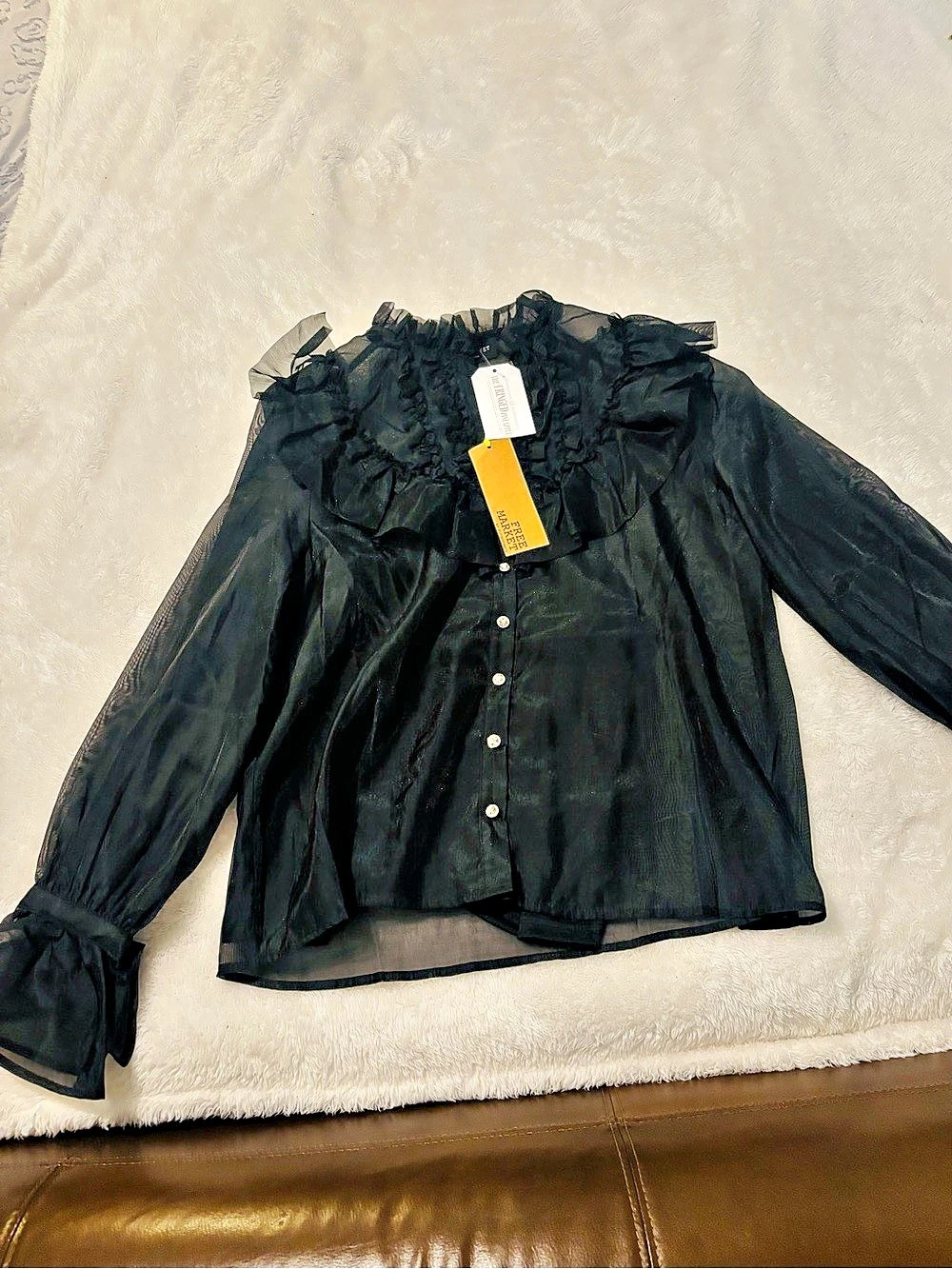 Free People Black Ruffle Neck Blouse NWT